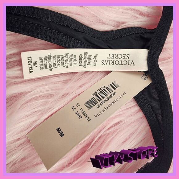 💖 NWT Victoria’s Secret Black Satin Star Rhinestones High Leg Tanga M #7263 💖 - Picture 4 of 8